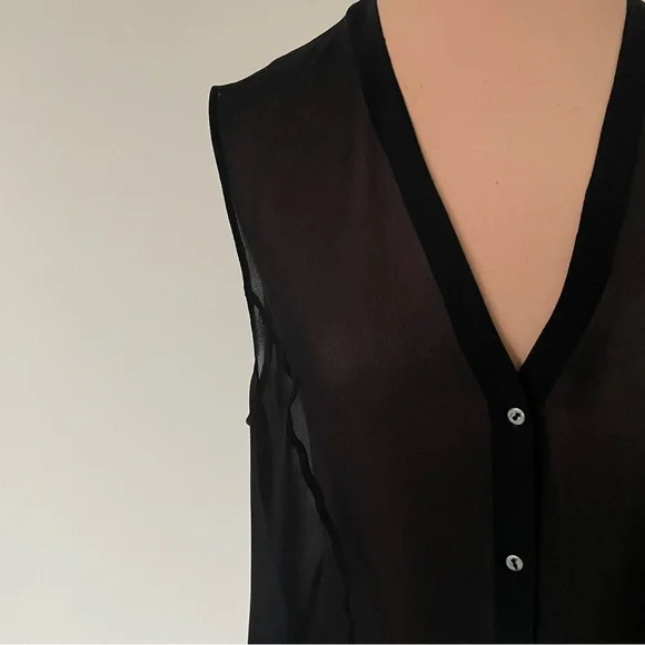 Helmut Lang Silk Chiffon Black V-Neck Sleeveless Button Down Raw Trim Top Size S - Picture 8 of 12